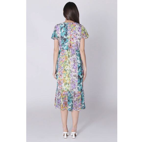 Parker & Rowe Faux Wrap Crystal Youryu Dress Floral Print Size Large NWT Vibrant - Picture 9 of 15